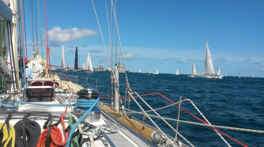 Yachts departing Gran Canaria for the Atlantic Rally for Cruisers 2026 under full sail