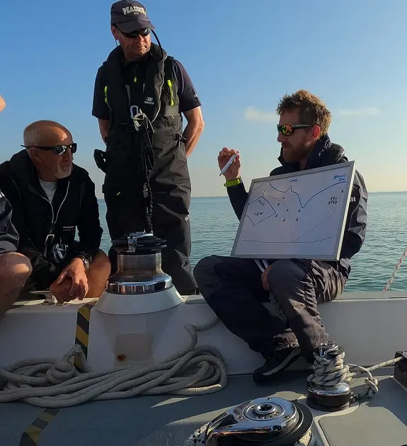 RYA instructor explaining passage plan to crew on deck