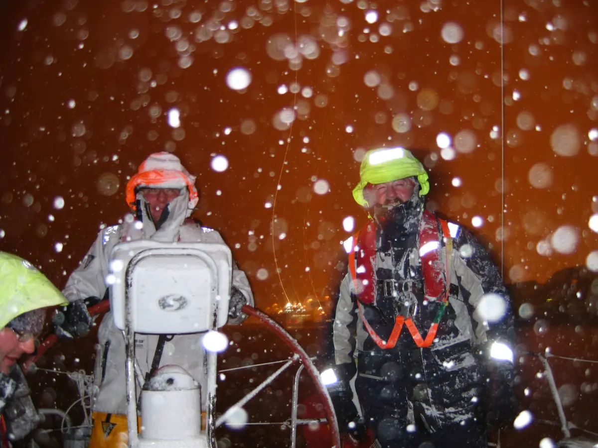 Sailing in the snowy Solent on a Competent Crew course in winter